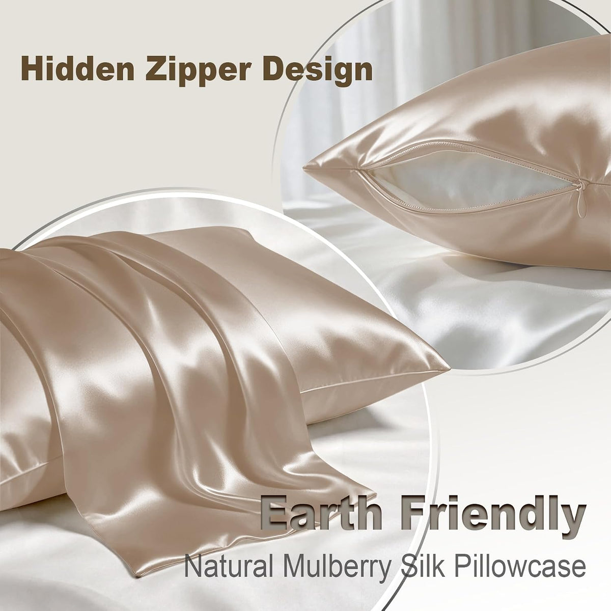 LYSHIN Silk Pillow Cases 2 Pack Standard Size with Zipper, Champagne