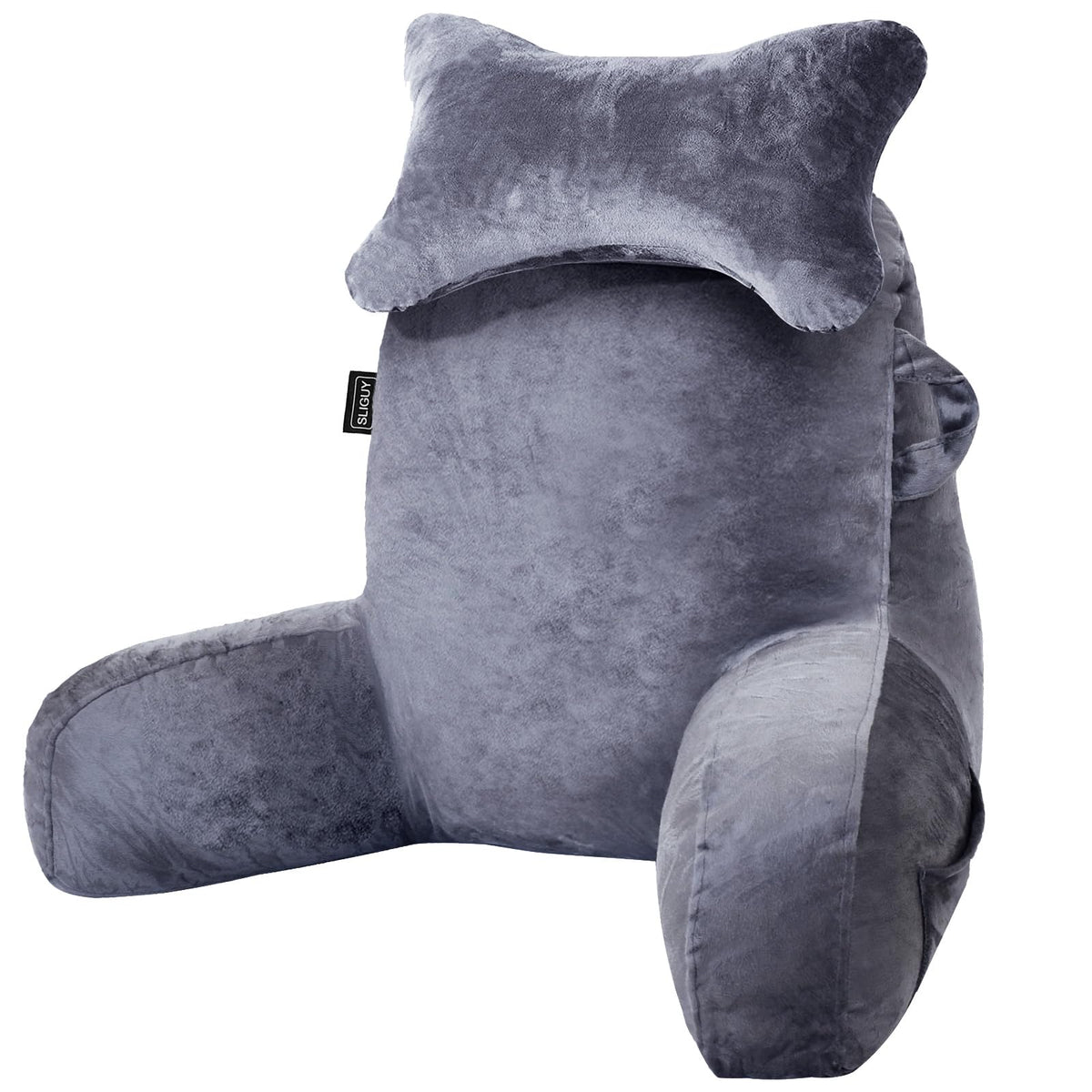 SLIGUY Reading Pillow for Sitting in Bed Couch Adult, Back Pillow with arm Support and Pockets, Adult Back Pillow Bed Chair for Bed Rest, Reading, Watching TV, Gaming for Boys and Girls Dark Grey