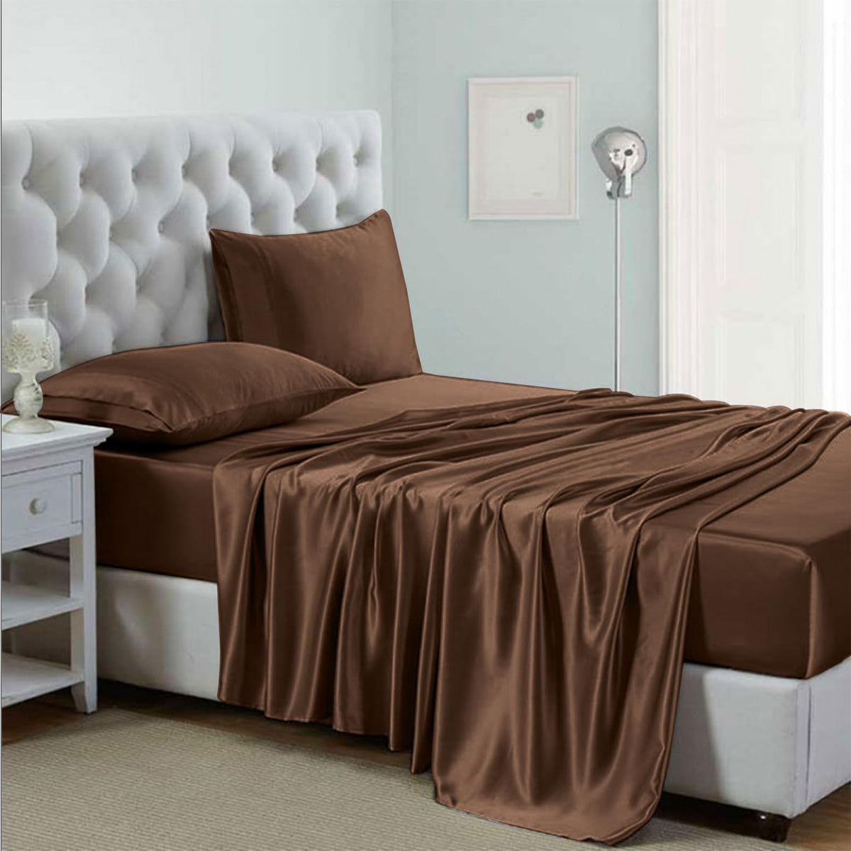 Silk like Satin Sheets, Queen Size Bed Sheet Set, Light Gray, 4 Piece