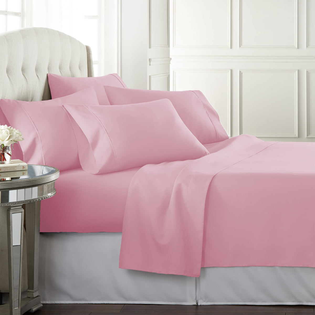 Danjor Linens Bed Sheet Set Queen Size for Hot Sleepers, Hotel Premium Sheets with 4 Pillowcases, Lightweight Brushed Microfiber Deep Pockets, Breathable Cooling 6 Piece Bedding Sets, White