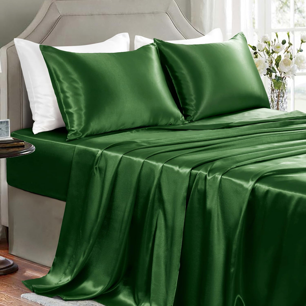 Satin Sheets Full Size - 4 Pieces Luxury Silky Soft Bed Sheets, Wrinkle-Free Black Satin Silk Sheet Set with 1 Deep Pocket Fitted Sheet, 1 Flat Sheet, 2 Pillow Cases
