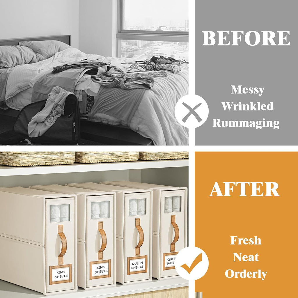 3 Pack Foldable Bed Sheets Set Organizers and Storage(King & Queen Size),Linen Fabric Closet Organizers with Window,Folding Bedding Storage Box for Bedsheets and Pillow Cube Organizer-Beige