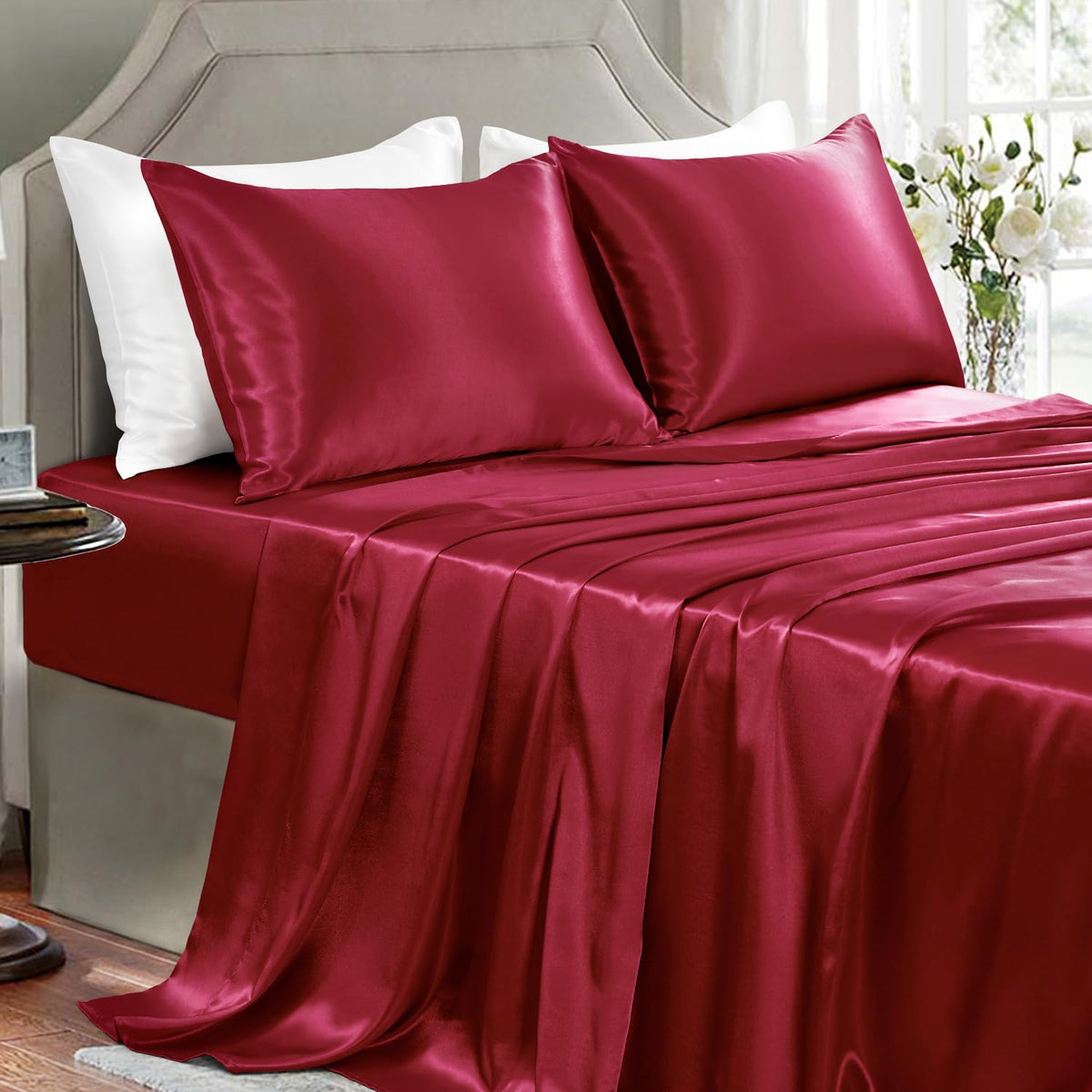 Satin Sheets Full Size - 4 Pieces Luxury Silky Soft Bed Sheets, Wrinkle-Free Black Satin Silk Sheet Set with 1 Deep Pocket Fitted Sheet, 1 Flat Sheet, 2 Pillow Cases