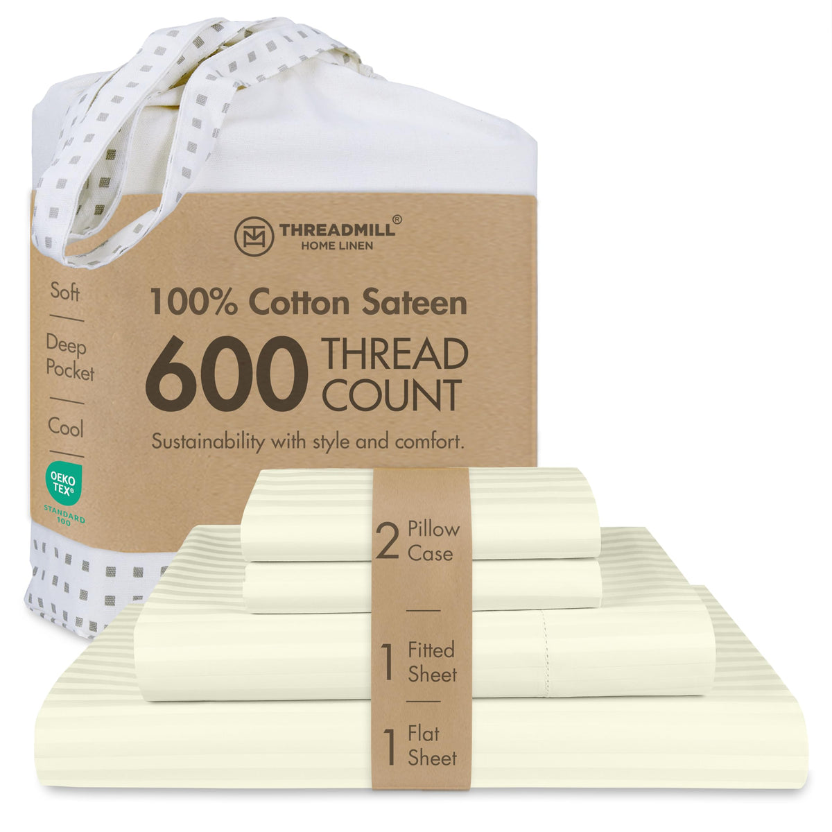 Threadmill 600 Thread Count Cotton Queen Sheet Set, Sateen, Dark Grey