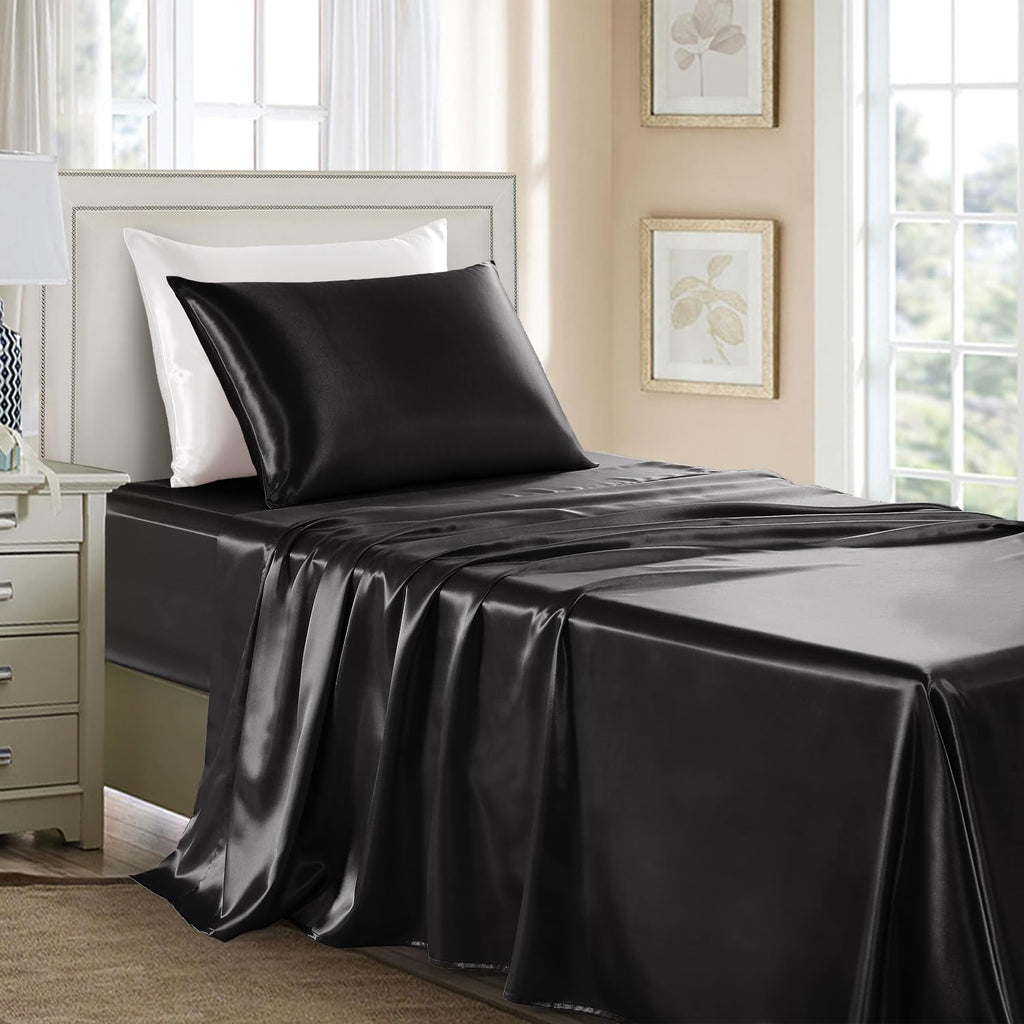 Satin Sheets Full Size - 4 Pieces Luxury Silky Soft Bed Sheets, Wrinkle-Free Black Satin Silk Sheet Set with 1 Deep Pocket Fitted Sheet, 1 Flat Sheet, 2 Pillow Cases