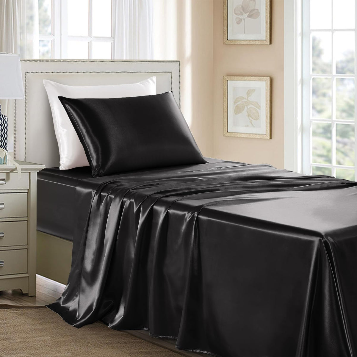 Satin Sheets Full Size - 4 Pieces Luxury Silky Soft Bed Sheets, Wrinkle-Free Black Satin Silk Sheet Set with 1 Deep Pocket Fitted Sheet, 1 Flat Sheet, 2 Pillow Cases