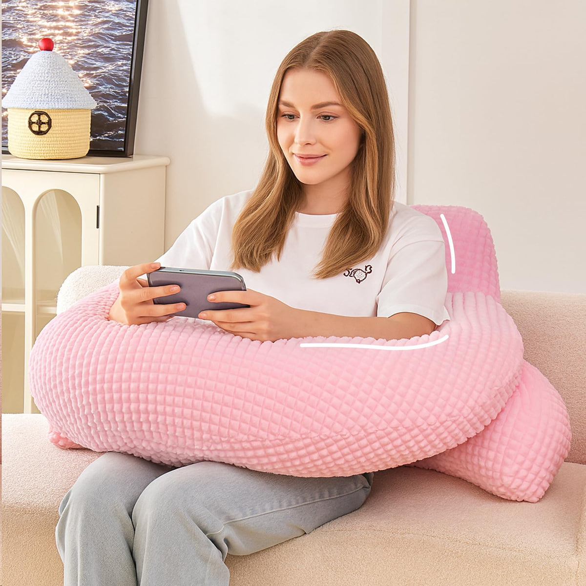 Reading Pillow for Sitting in Bed with Arm,White Corduroy, M