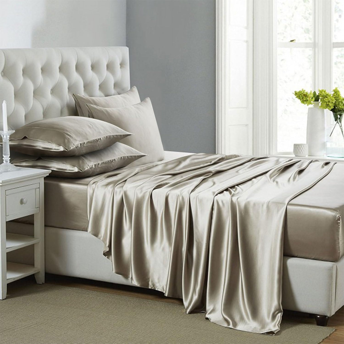 Silk like Satin Sheets, Queen Size Bed Sheet Set, Light Gray, 4 Piece