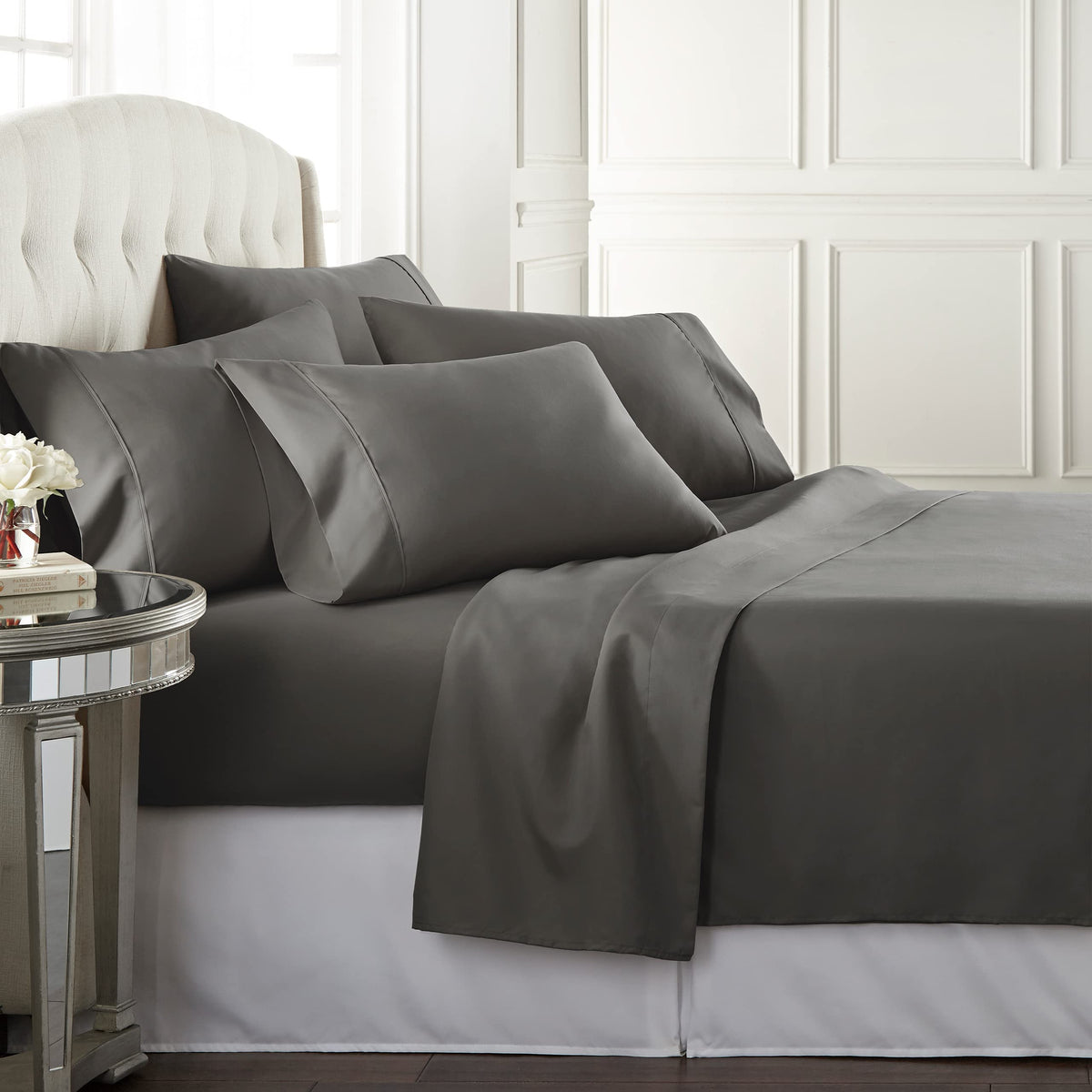 Danjor Linens Bed Sheet Set Queen Size for Hot Sleepers, Hotel Premium Sheets with 4 Pillowcases, Lightweight Brushed Microfiber Deep Pockets, Breathable Cooling 6 Piece Bedding Sets, White