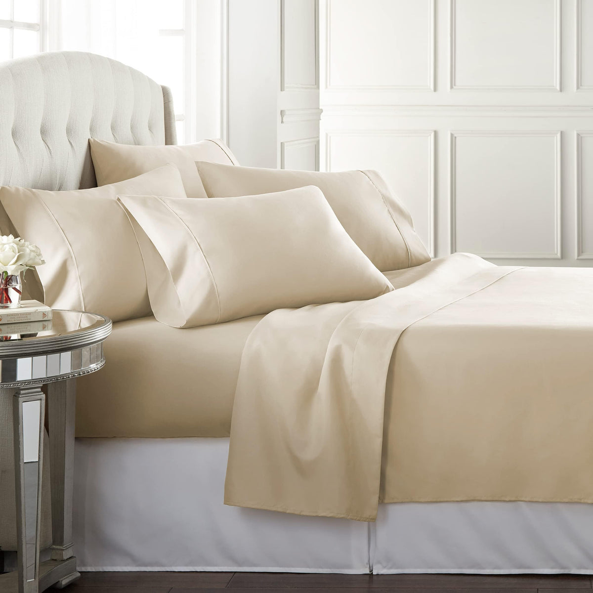 Danjor Linens Bed Sheet Set Queen Size for Hot Sleepers, Hotel Premium Sheets with 4 Pillowcases, Lightweight Brushed Microfiber Deep Pockets, Breathable Cooling 6 Piece Bedding Sets, White
