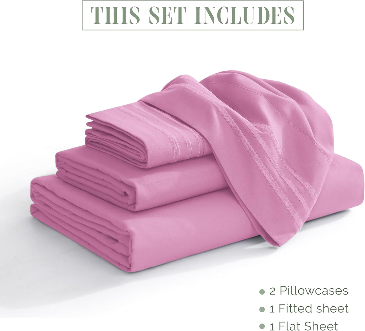 Elegant Comfort Luxurious 1500 Premium Hotel Quality Microfiber Three Line Embroidered Softest 4-Piece Bed Sheet Set, Wrinkle and Fade Resistant, Queen, Light Pink