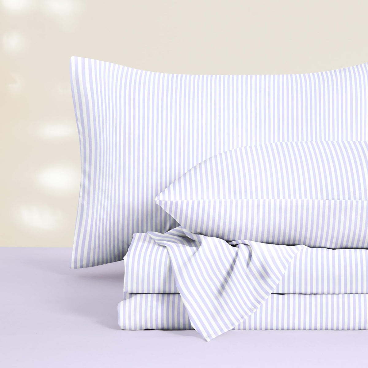 Wake In Cloud - Striped Bed Sheets, 4-Piece Sheet Set, Ticking Vertical Pin Stripe Modern Farmhouse Pattern Printed Bedding, Deep Pocket, Light Brown White, Queen Size