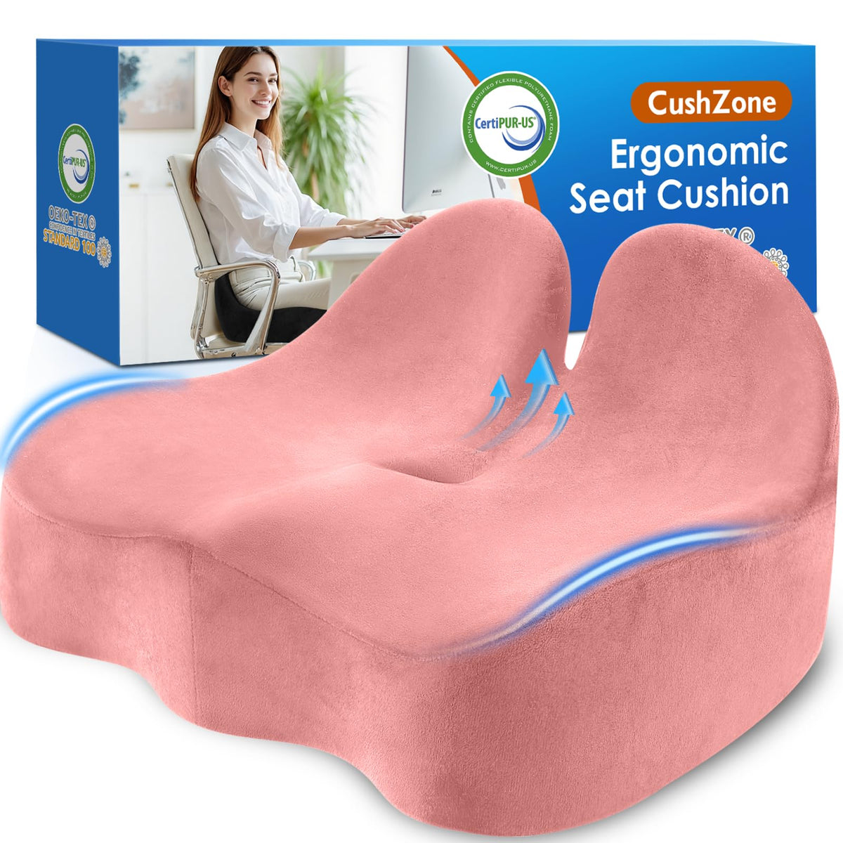 CushZone Ergonomic Seat Cushion, Sciatica Support for Office Chair, Black