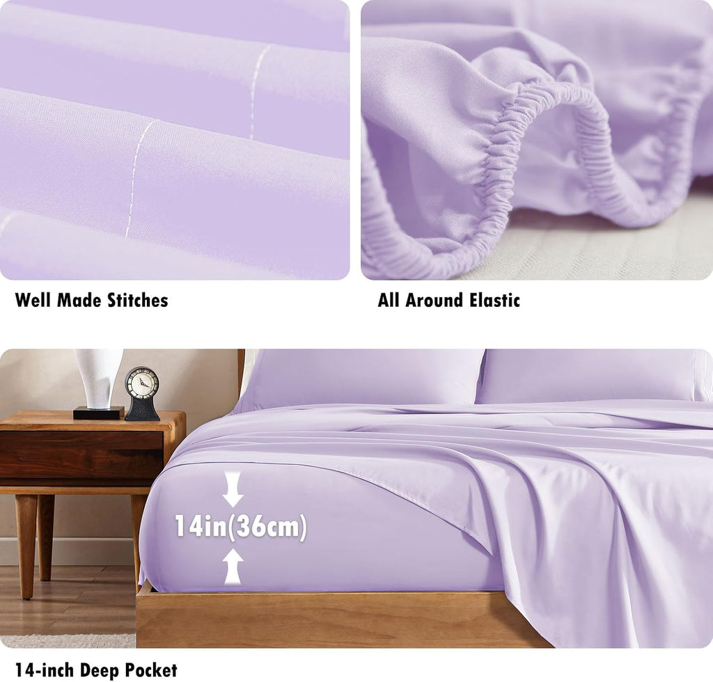 ClevaHome Queen Sheets Set, 4-Piece Fitted Queen Sheets, Lilac