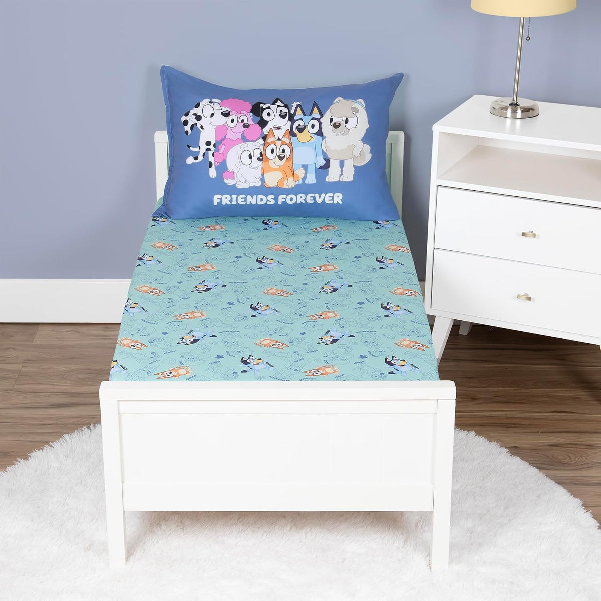 Bluey Sheet Set - Fits Toddler Bed or Crib Mattress - Fitted Sheet and Pillow Case, Green