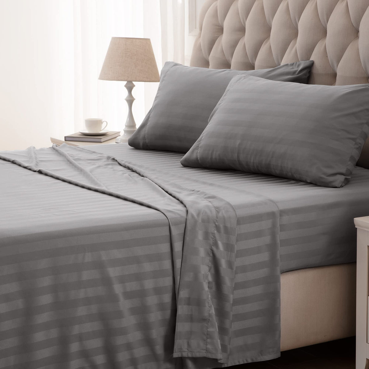 SLEEP ZONE Striped Cooling Queen Sheets Set - Fitted Flat Sheet & Pillowcase Sets 4 Piece - Super Soft Stripe Bed Sheet, Easy Care, Deep Pocket (Teal, Queen)