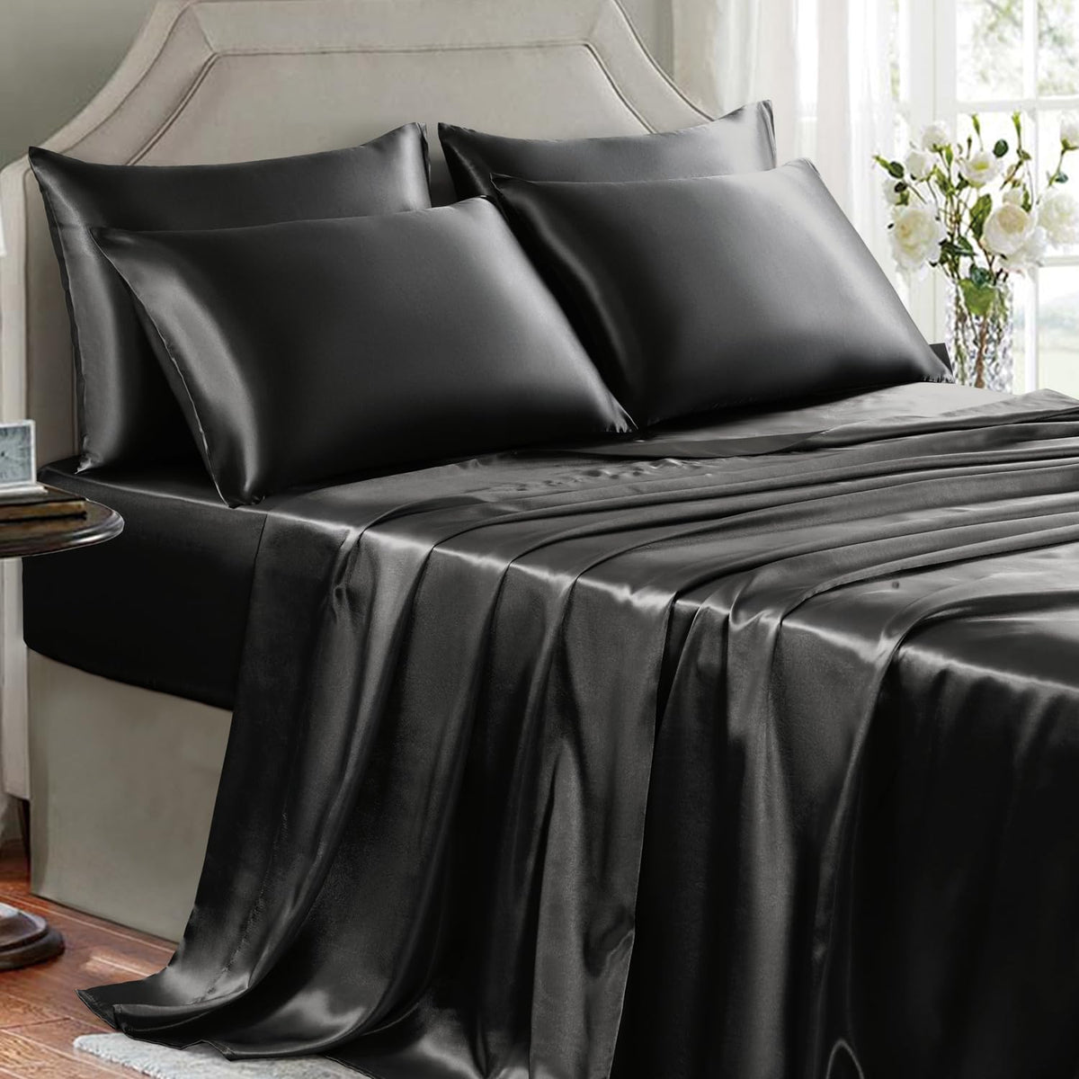 Satin Sheets Full Size - 4 Pieces Luxury Silky Soft Bed Sheets, Wrinkle-Free Black Satin Silk Sheet Set with 1 Deep Pocket Fitted Sheet, 1 Flat Sheet, 2 Pillow Cases