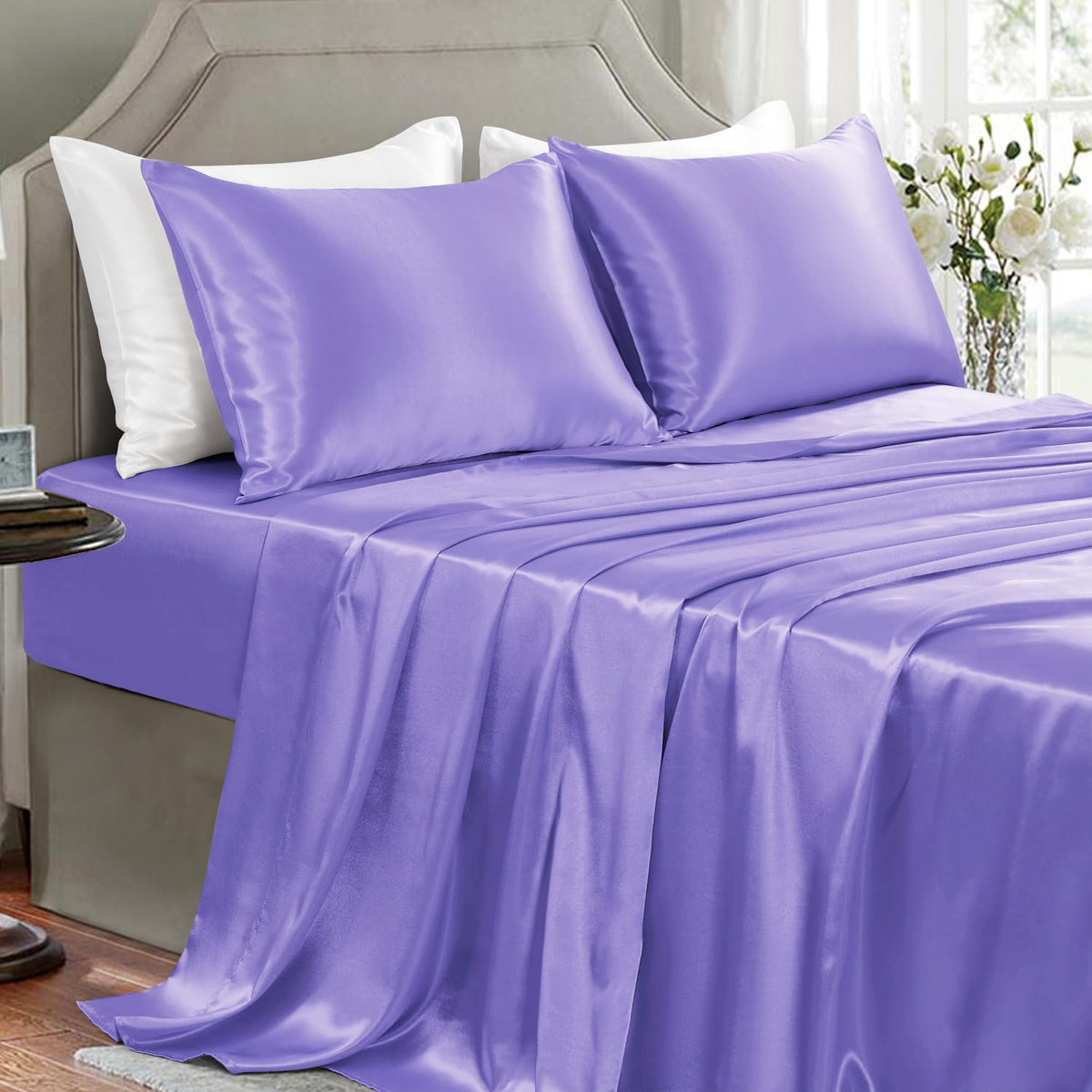 Satin Sheets Full Size - 4 Pieces Luxury Silky Soft Bed Sheets, Wrinkle-Free Black Satin Silk Sheet Set with 1 Deep Pocket Fitted Sheet, 1 Flat Sheet, 2 Pillow Cases