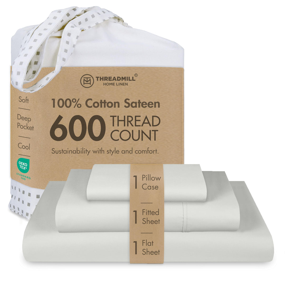 Threadmill 600 Thread Count Cotton Queen Sheet Set, Sateen, Dark Grey