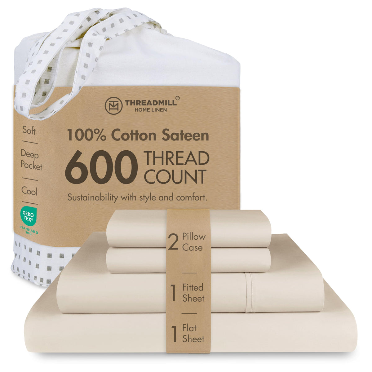 Threadmill 600 Thread Count Cotton Queen Sheet Set, Sateen, Dark Grey