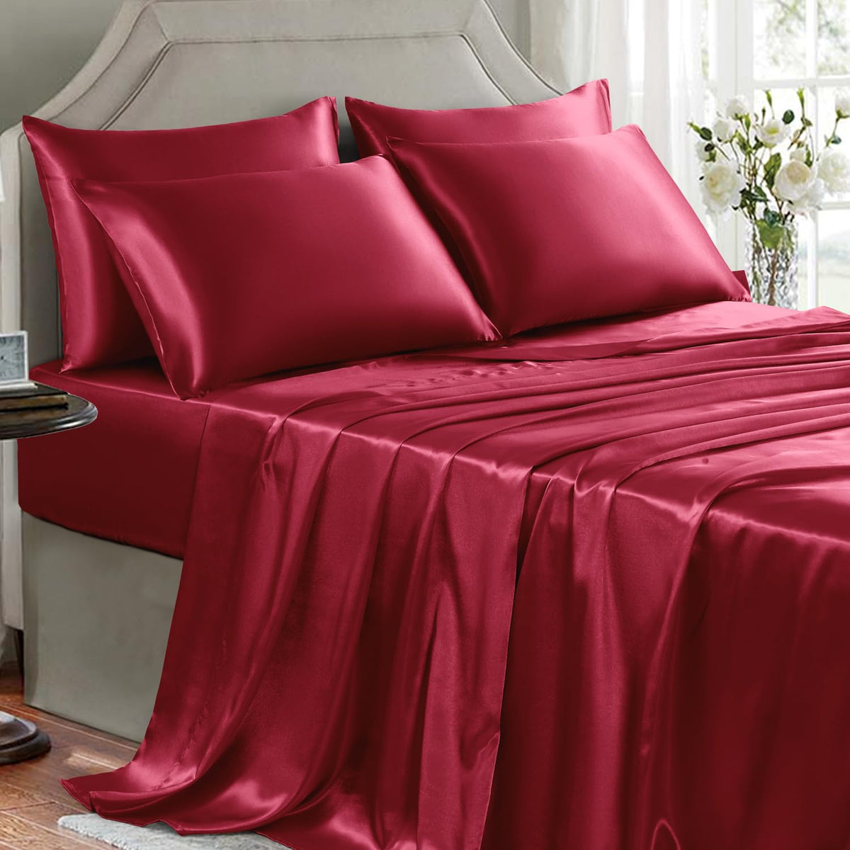 Satin Sheets Full Size - 4 Pieces Luxury Silky Soft Bed Sheets, Wrinkle-Free Black Satin Silk Sheet Set with 1 Deep Pocket Fitted Sheet, 1 Flat Sheet, 2 Pillow Cases