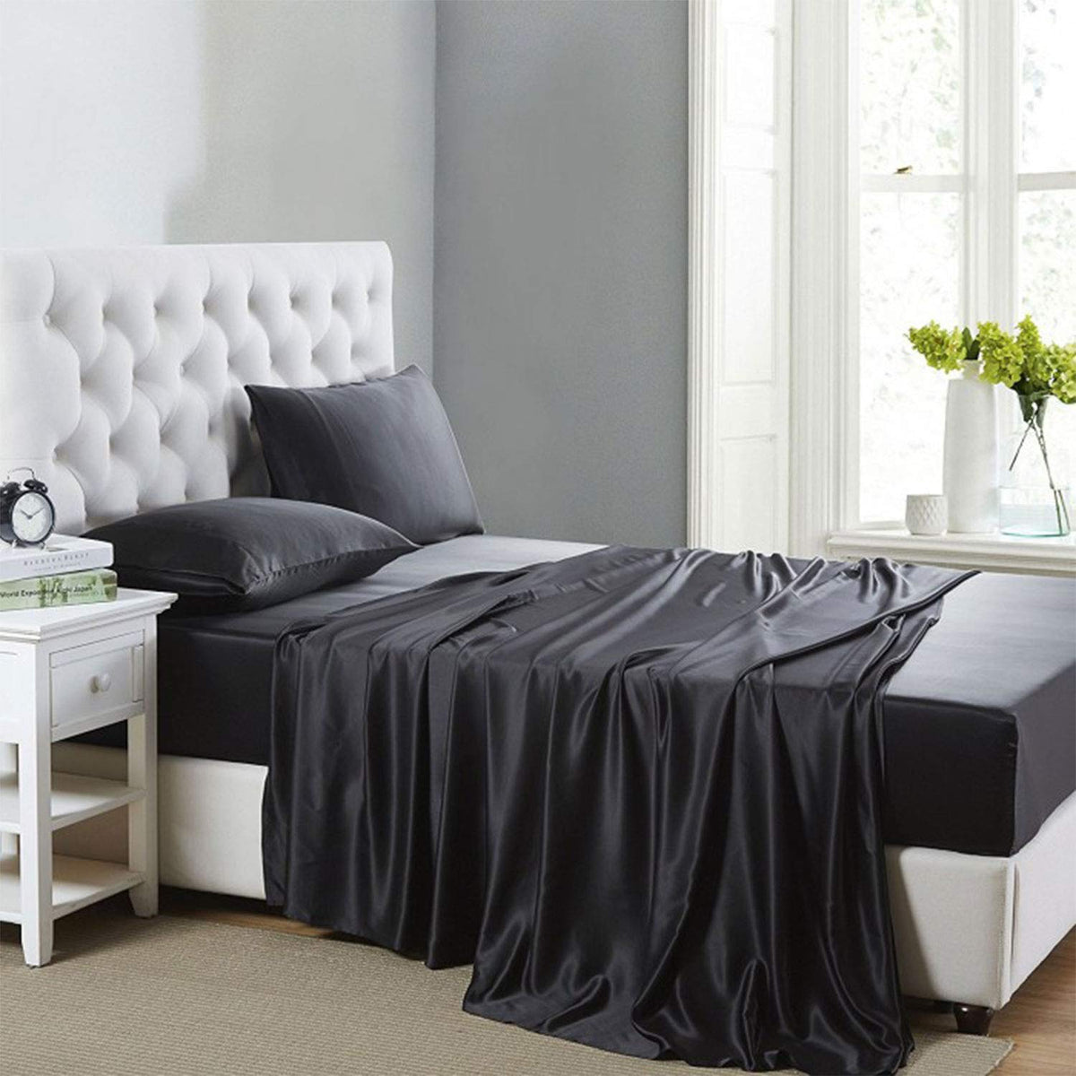 Silk like Satin Sheets, Queen Size Bed Sheet Set, Light Gray, 4 Piece