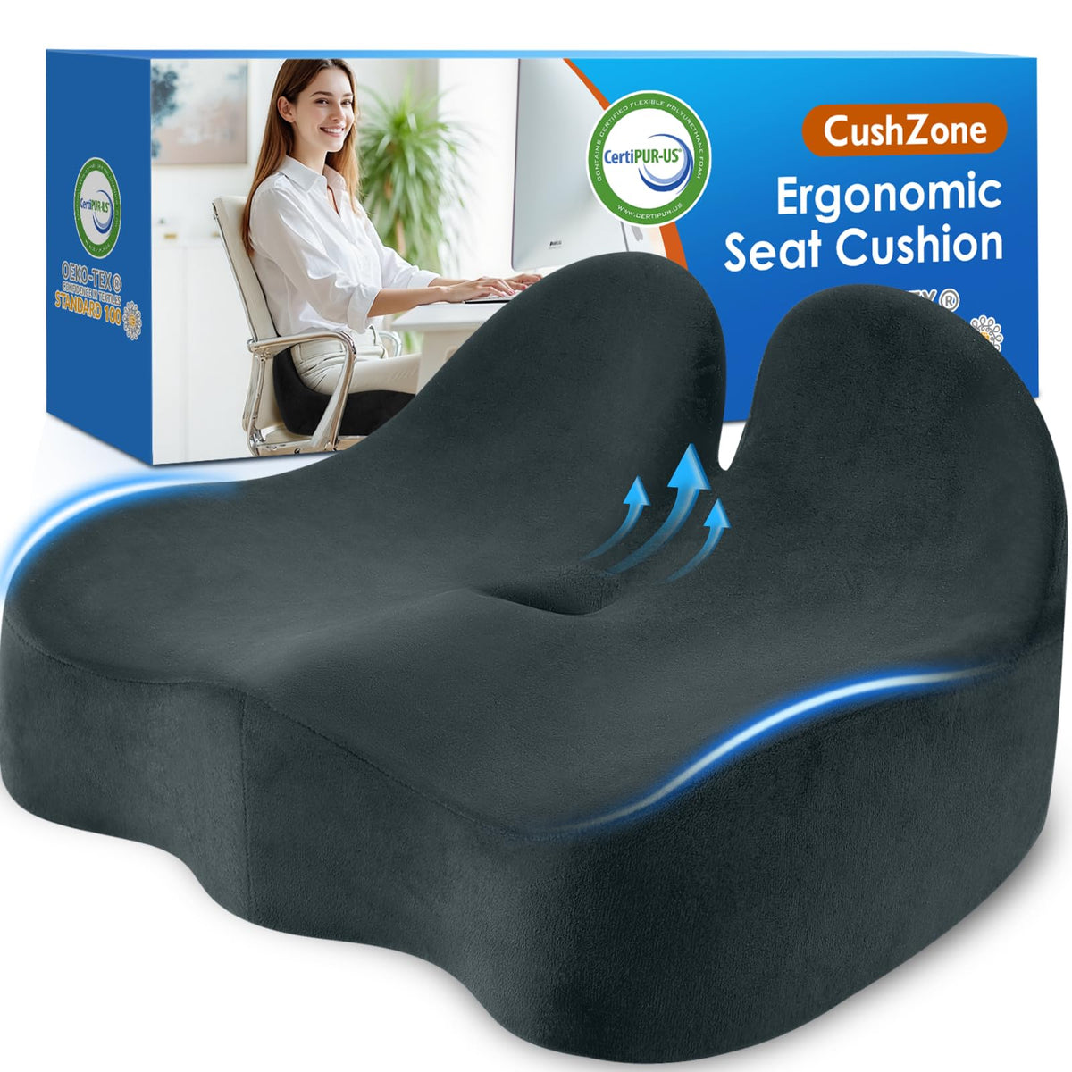 CushZone Ergonomic Seat Cushion, Sciatica Support for Office Chair, Black
