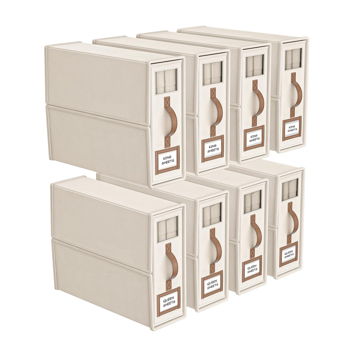 3 Pack Foldable Bed Sheets Set Organizers and Storage(King & Queen Size),Linen Fabric Closet Organizers with Window,Folding Bedding Storage Box for Bedsheets and Pillow Cube Organizer-Beige