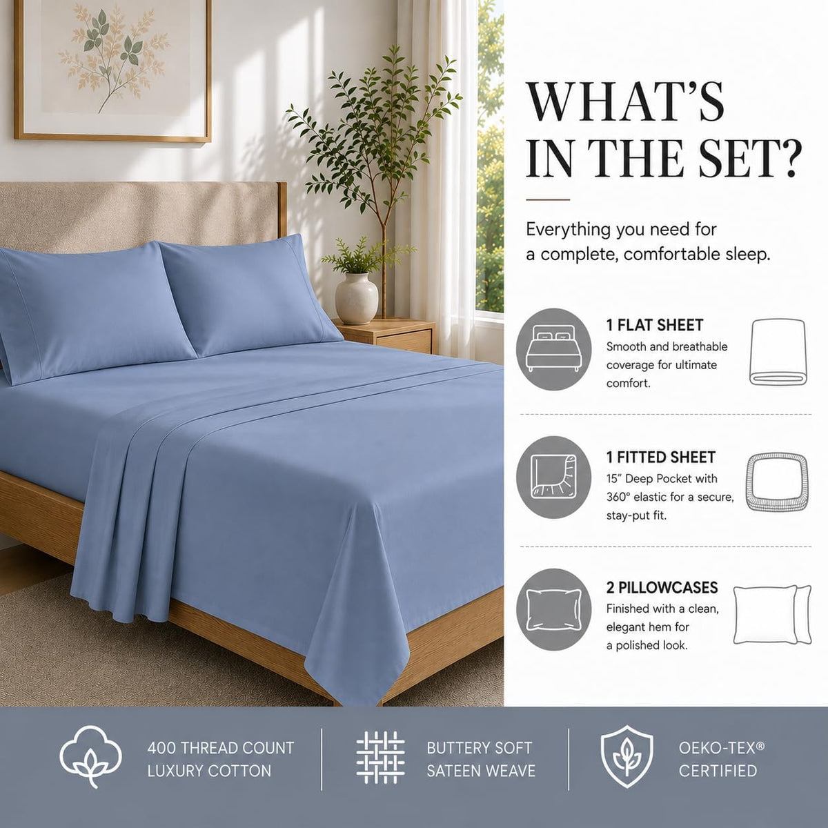 Queen Sheet Set, 400 Thread Count Bed Sheets Queen Size Set - French Blue
