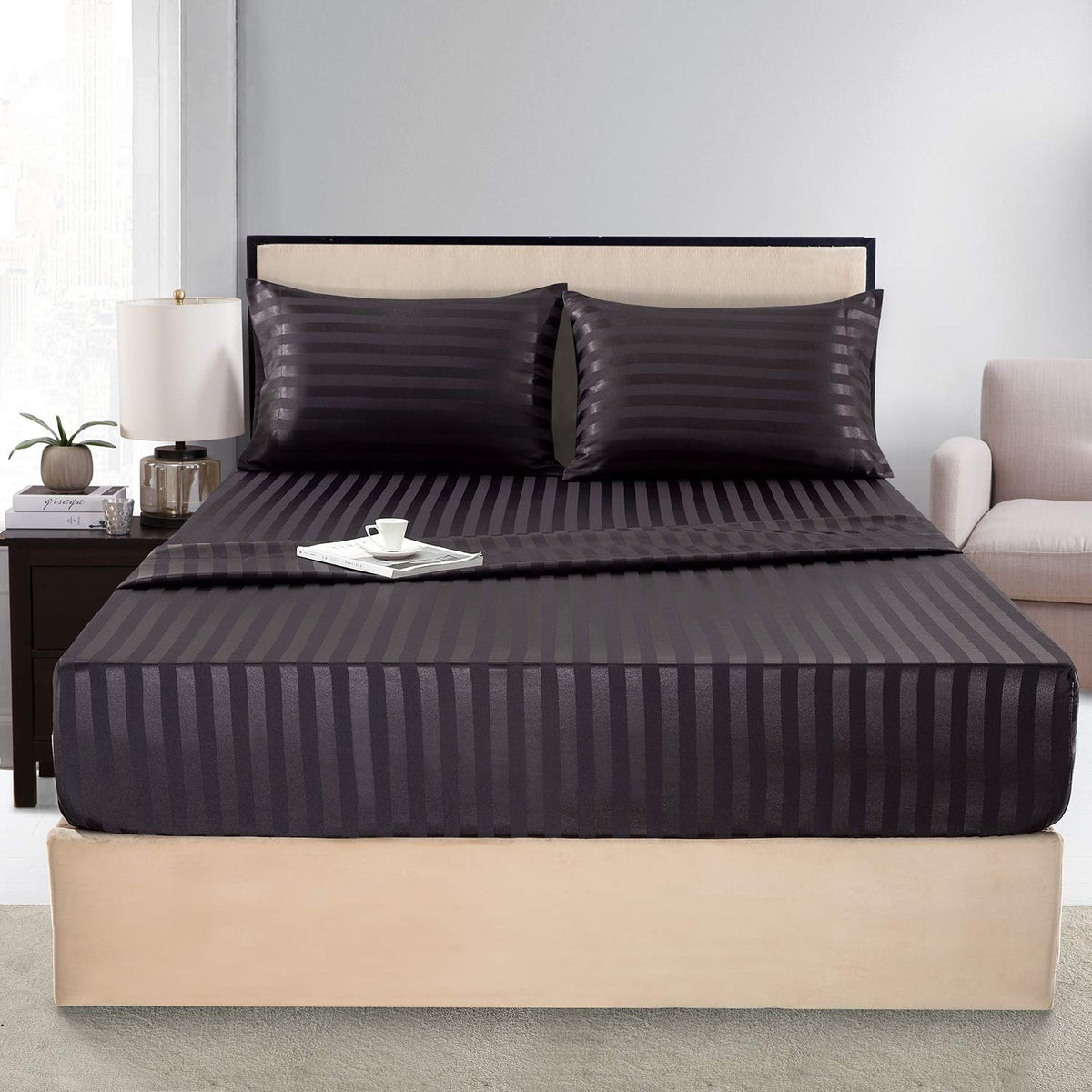 Silk like Satin Sheets, Queen Size Bed Sheet Set, Light Gray, 4 Piece