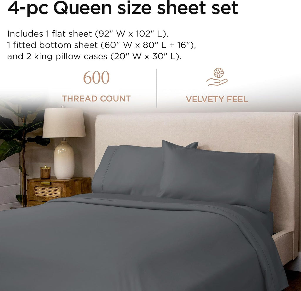Threadmill 600 Thread Count Cotton Queen Sheet Set, Sateen, Dark Grey