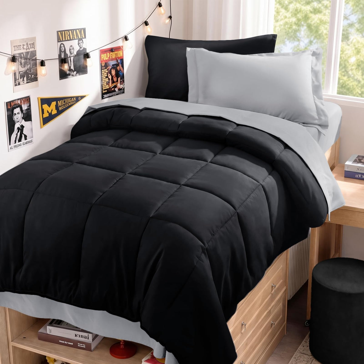 JOLLYVOGUE Queen Comforter Set, Ultra-Soft Bed in a Bag Queen Size 7 Pieces, Oeko-TEX Certified Bedding Set with Down Alternative Comforter, Sheets, Pillowcases & Shams, Black