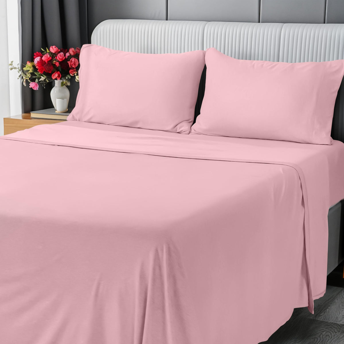 Jersey Knit Sheets 4 Piece, Cotton T-Shirt Feel, Queen, Heather Light Grey