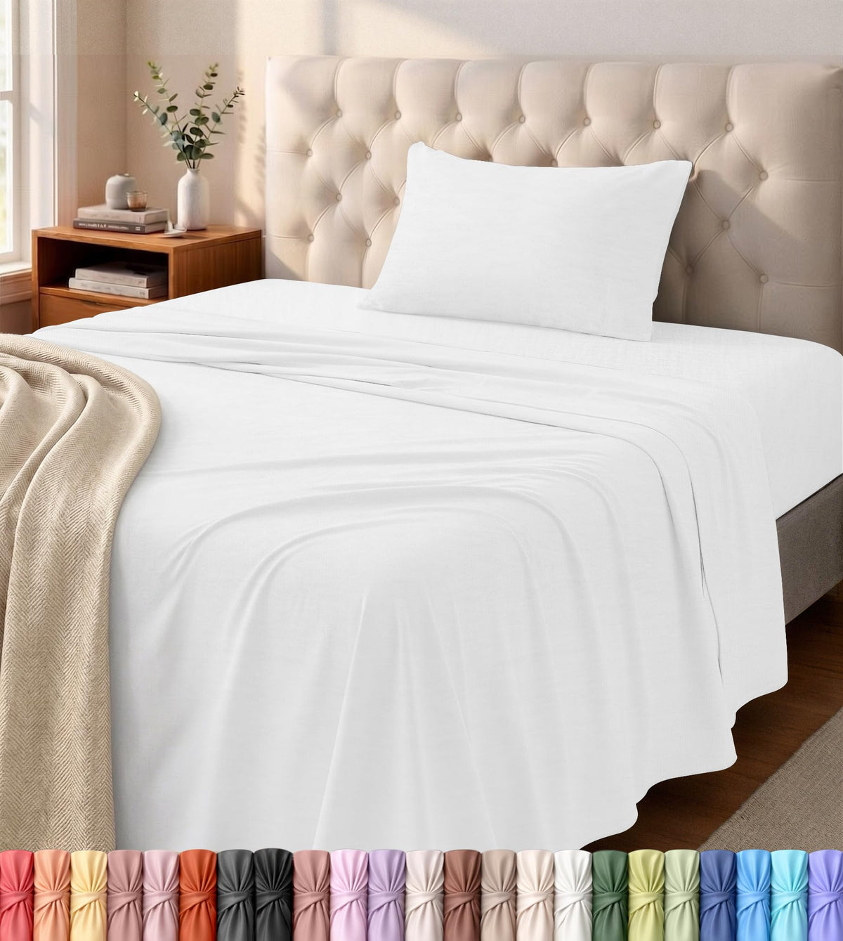 Jersey Knit Sheets 4 Piece, Cotton T-Shirt Feel, Queen, Heather Light Grey