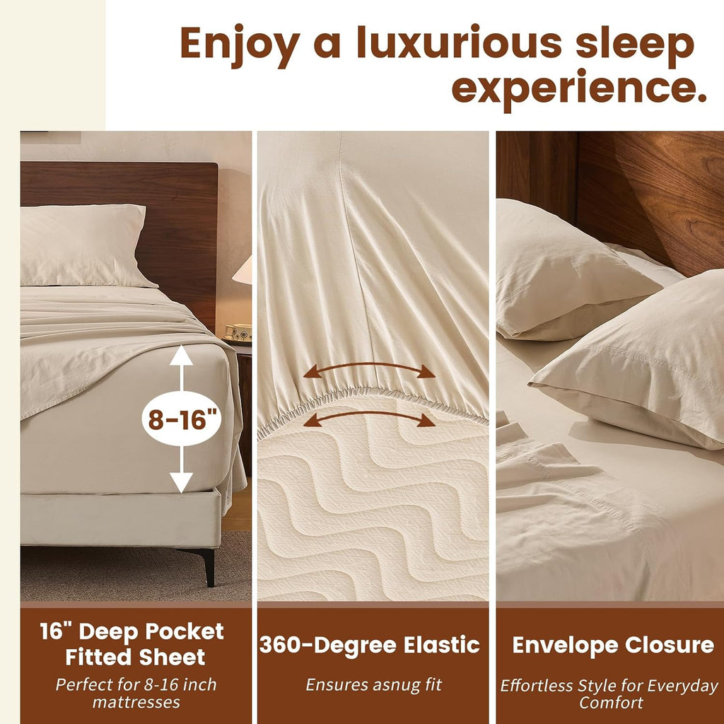 100% Linen Sheets Queen Size,Breathable & Durable 4-Piece Bed Flax Sheet Set,Soft All-Season Bedding for Hot Sleepers 16" Deep Pocket Oeko-TEX Certified,（Queen, Linen）