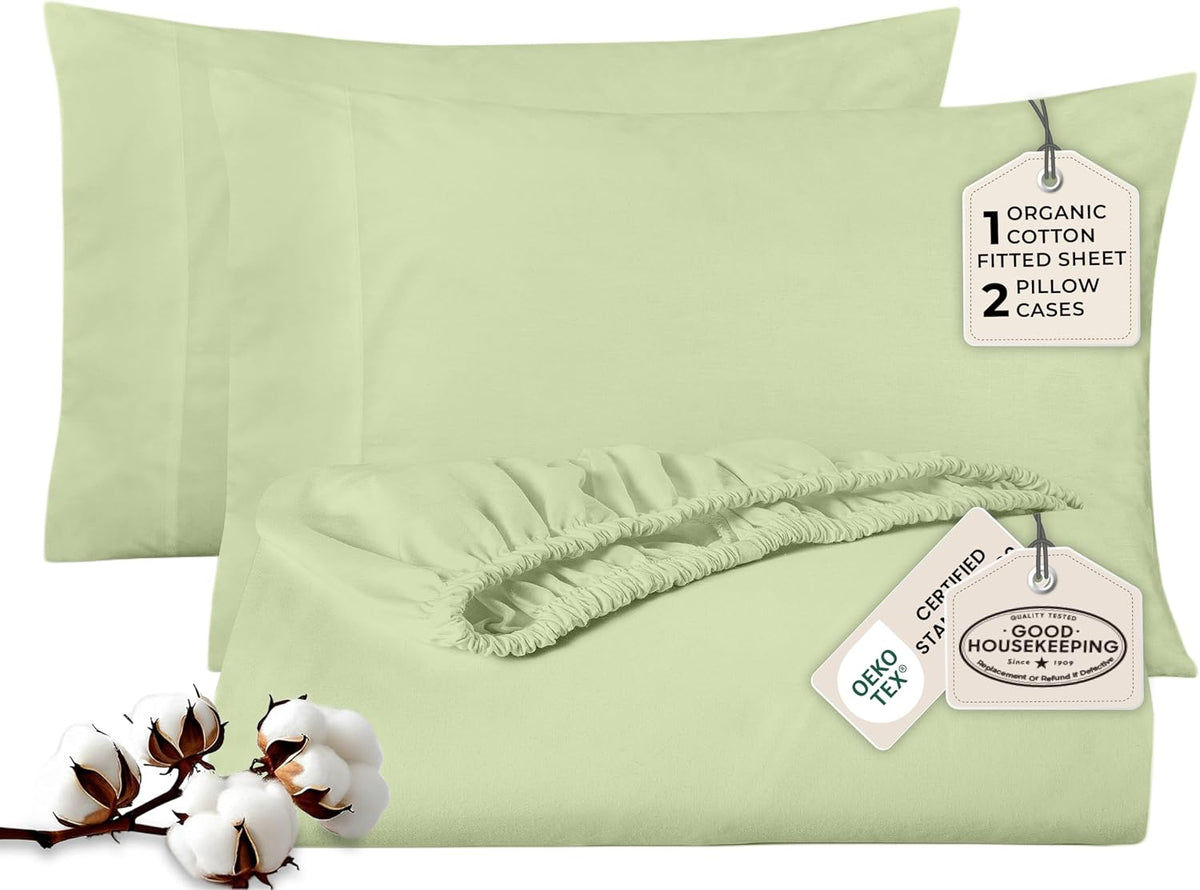 Royale Linen Fitted Sheet With Pillowcases - Queen Fitted Sheets With 2 Pillowcase - 300 Thread Count 100% Organic Cotton - Fit Mattress Up to 18" Deep - Soft & Breathable - Sage Green (No Flat Sheet)