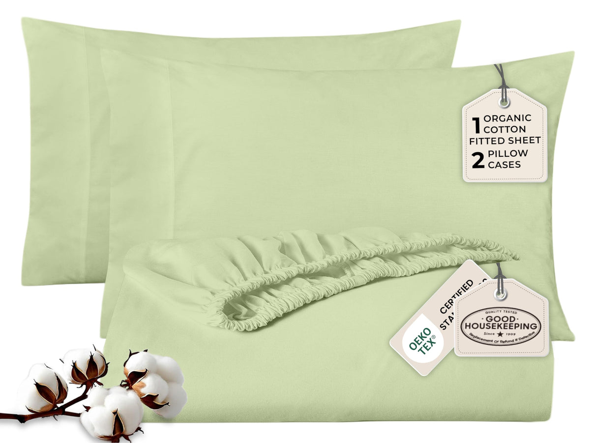 Royale Linen Fitted Sheet With Pillowcases - Queen Fitted Sheets With 2 Pillowcase - 300 Thread Count 100% Organic Cotton - Fit Mattress Up to 18" Deep - Soft & Breathable - Sage Green (No Flat Sheet)