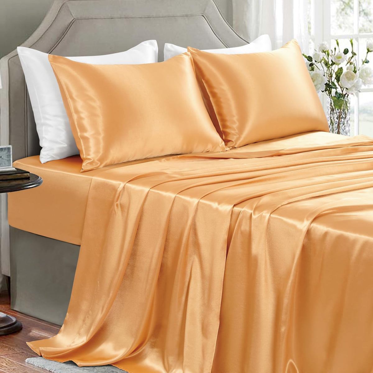 Satin Sheets Full Size - 4 Pieces Luxury Silky Soft Bed Sheets, Wrinkle-Free Black Satin Silk Sheet Set with 1 Deep Pocket Fitted Sheet, 1 Flat Sheet, 2 Pillow Cases
