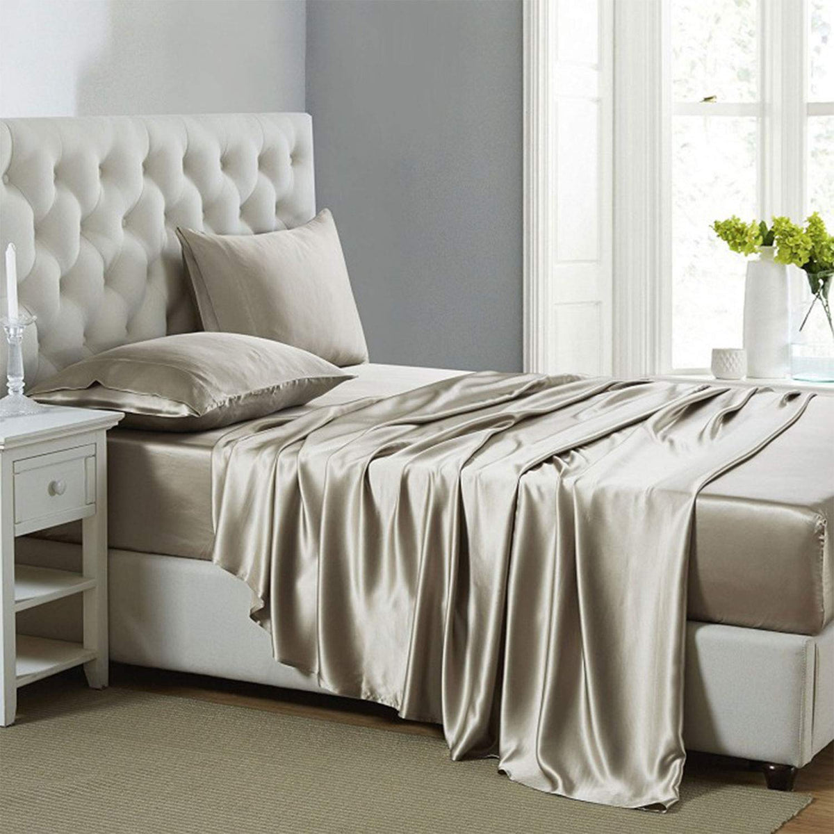 Silk like Satin Sheets, Queen Size Bed Sheet Set, Light Gray, 4 Piece
