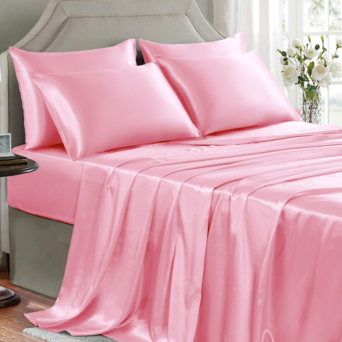 Satin Sheets Full Size - 4 Pieces Luxury Silky Soft Bed Sheets, Wrinkle-Free Black Satin Silk Sheet Set with 1 Deep Pocket Fitted Sheet, 1 Flat Sheet, 2 Pillow Cases