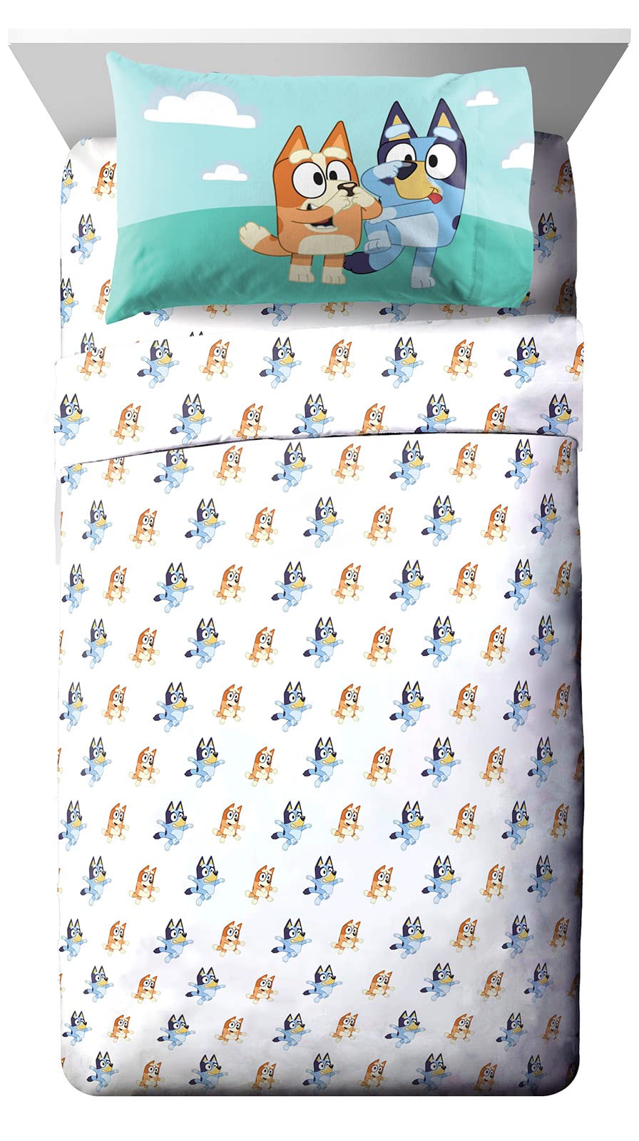 Jay Franco Kids Sheet Set with Fitted, Flat Sheets & Pillow Cover - Ultra-Soft Bedding with Pillowcase for Room Decor, White - Bluey, 3 Piece Toddler