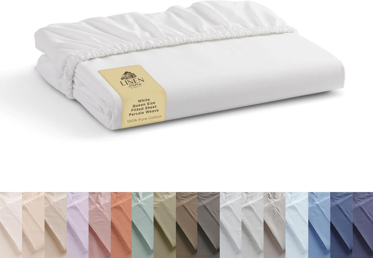 Linen Home Queen Size Fitted Sheet only 100% Cotton Percale, White