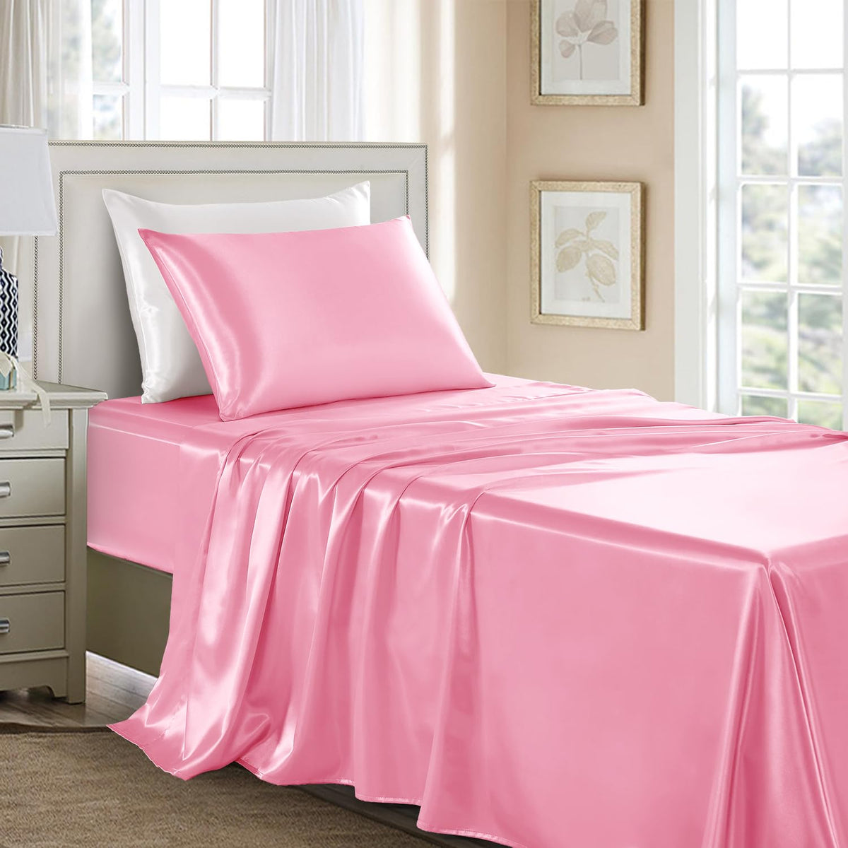 Satin Sheets Full Size - 4 Pieces Luxury Silky Soft Bed Sheets, Wrinkle-Free Black Satin Silk Sheet Set with 1 Deep Pocket Fitted Sheet, 1 Flat Sheet, 2 Pillow Cases