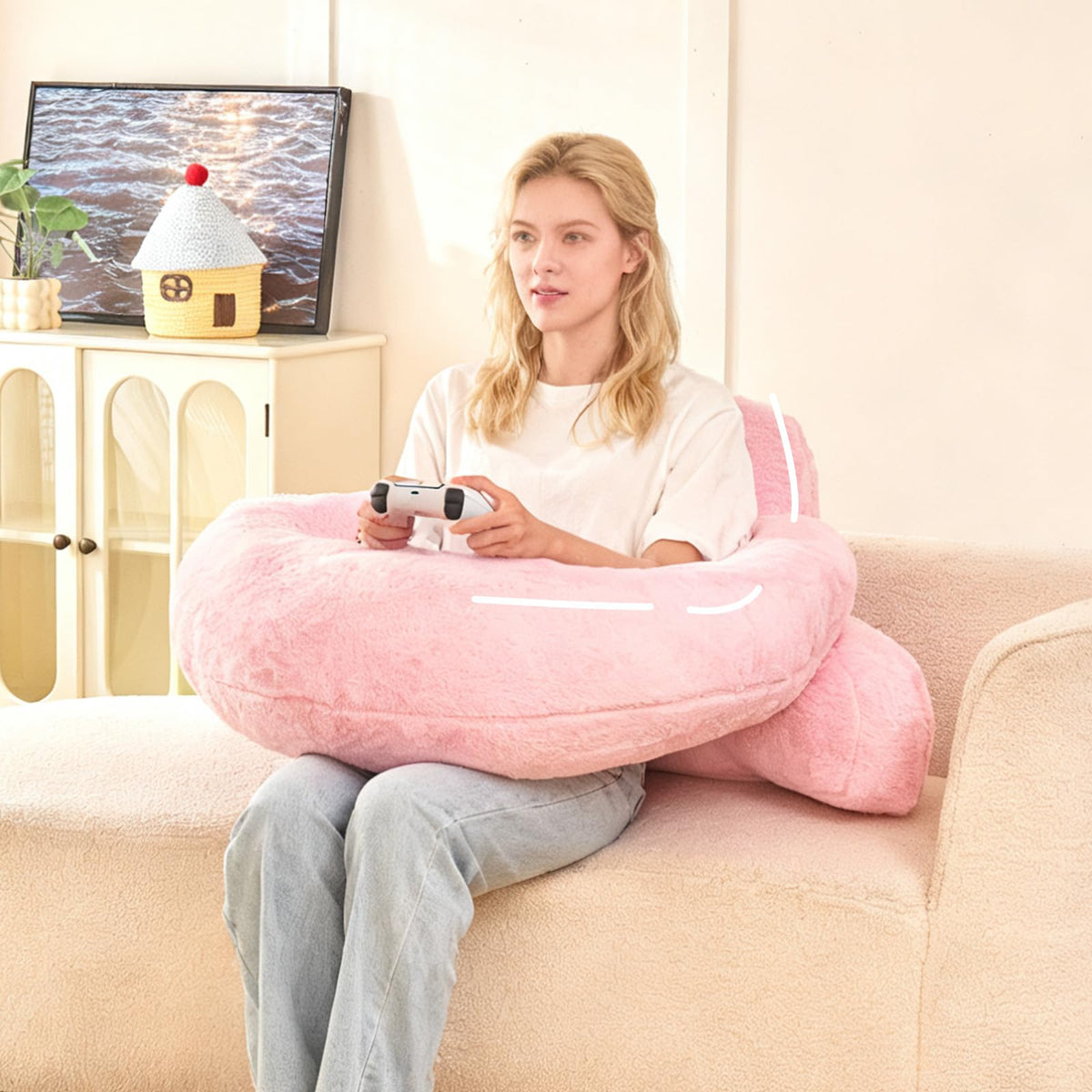 Reading Pillow for Sitting in Bed with Arm,White Corduroy, M