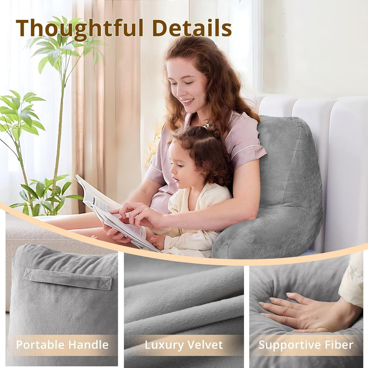 Sasttie Reading Pillow for Bed, Back Pillow for Sitting Up, Dark Grey