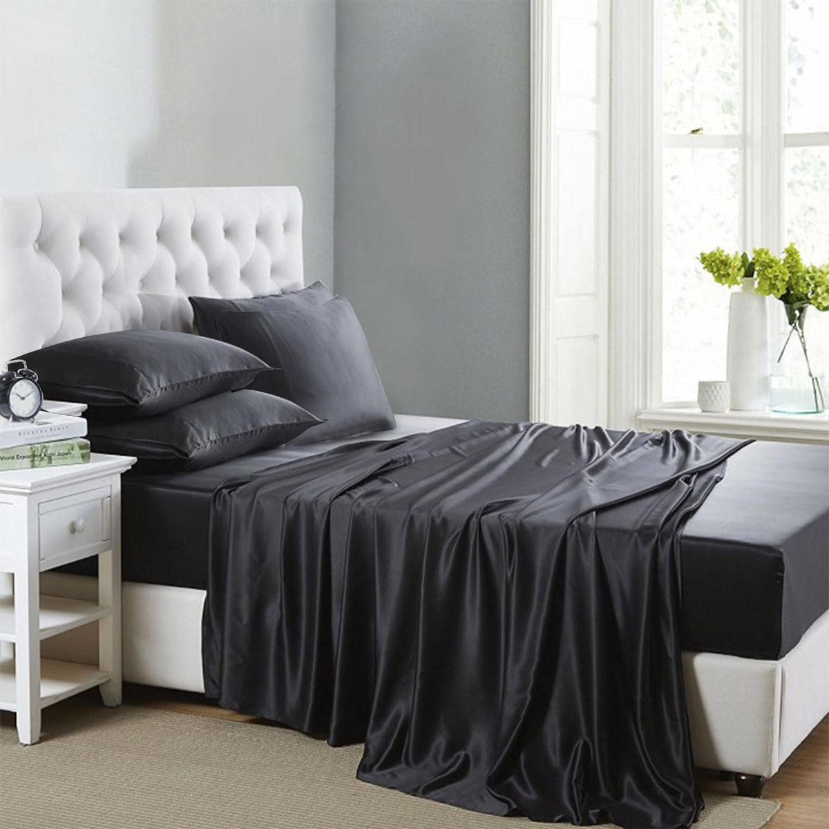 Silk like Satin Sheets, Queen Size Bed Sheet Set, Light Gray, 4 Piece
