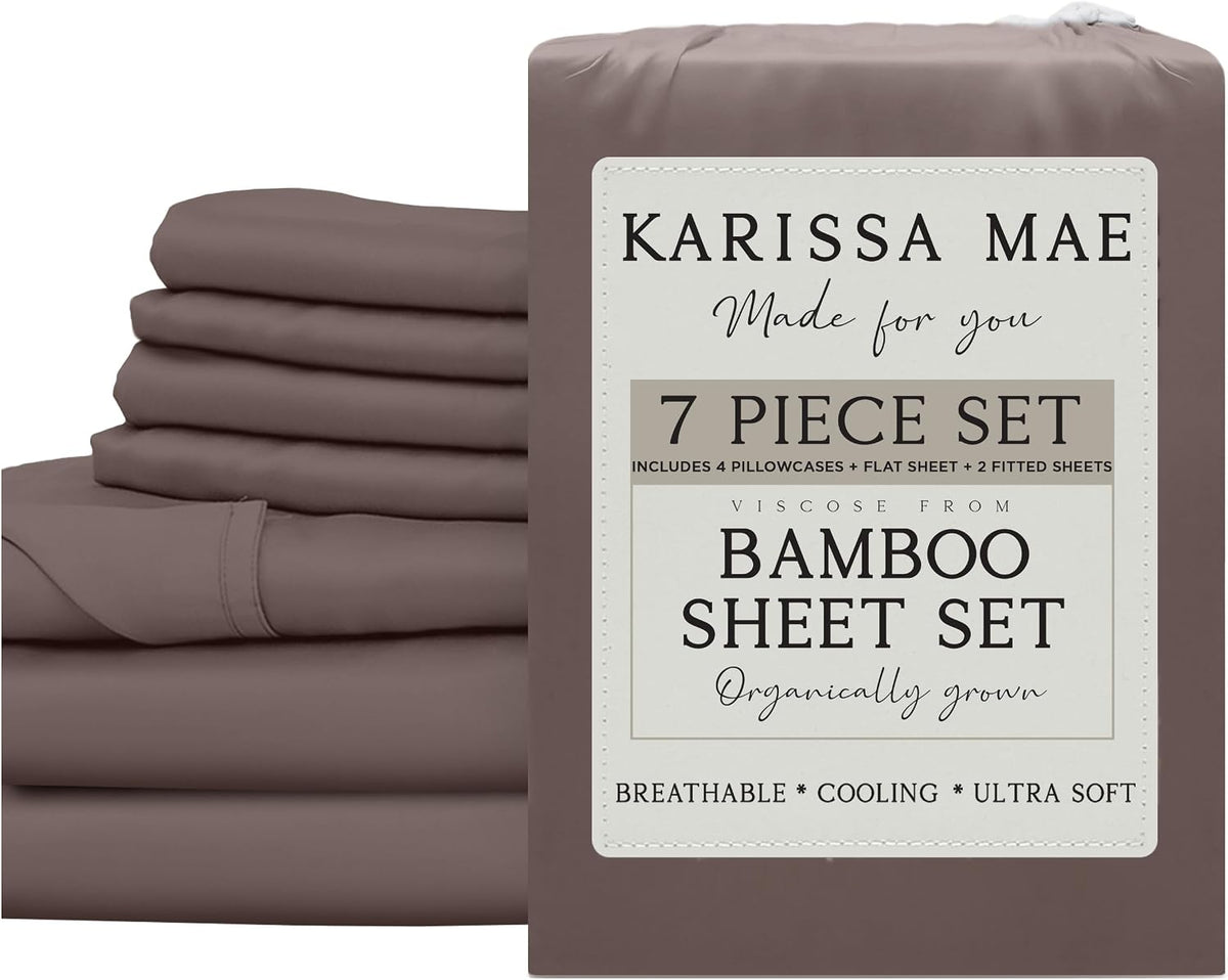 KARISSA MAE 7 Piece Luxury Bamboo Viscose Split King Sheets, FSC Certified