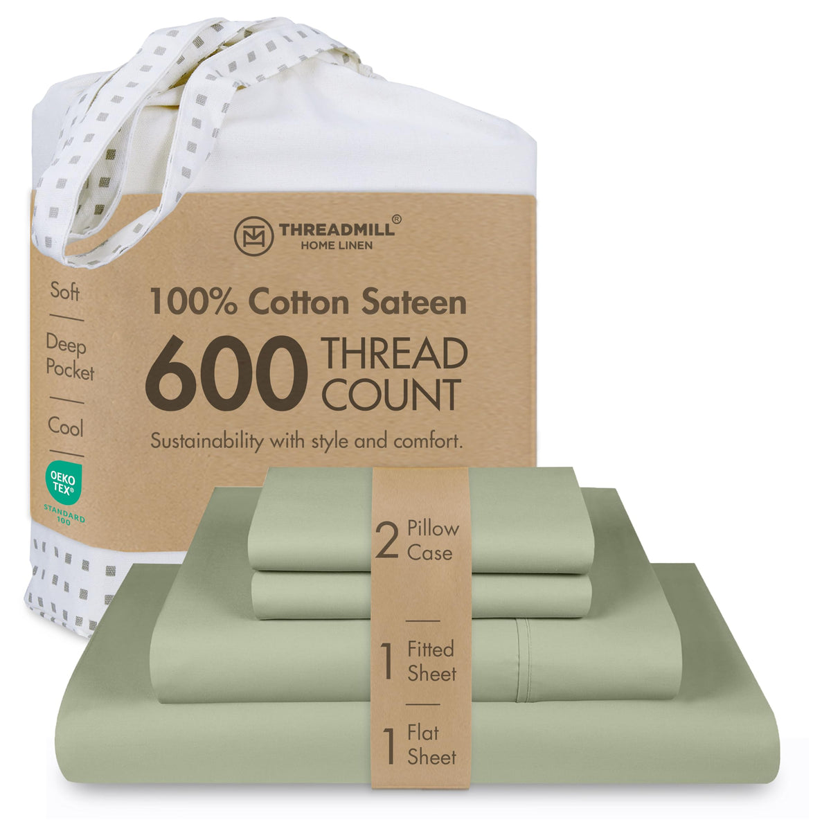 Threadmill 600 Thread Count Cotton Queen Sheet Set, Sateen, Dark Grey
