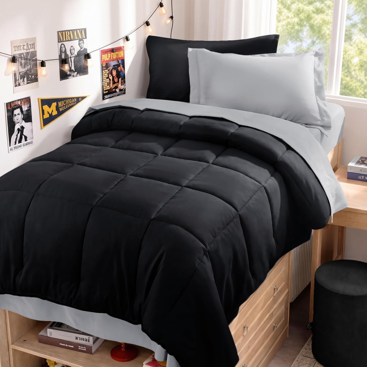 JOLLYVOGUE Queen Comforter Set, Ultra-Soft Bed in a Bag Queen Size 7 Pieces, Oeko-TEX Certified Bedding Set with Down Alternative Comforter, Sheets, Pillowcases & Shams, Black