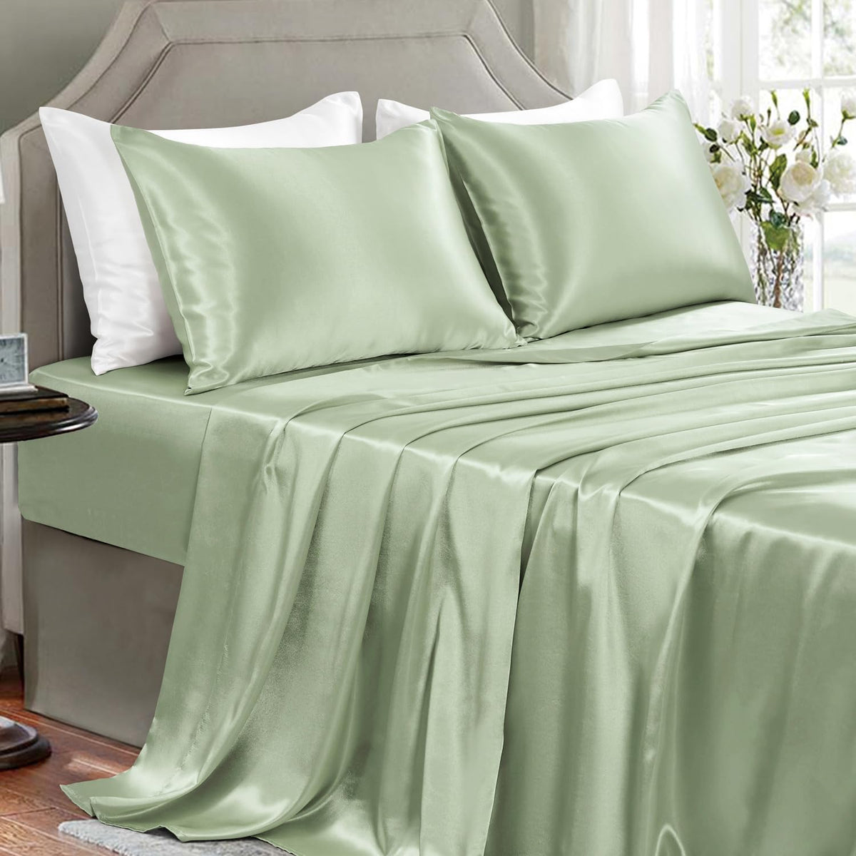 Satin Sheets Full Size - 4 Pieces Luxury Silky Soft Bed Sheets, Wrinkle-Free Black Satin Silk Sheet Set with 1 Deep Pocket Fitted Sheet, 1 Flat Sheet, 2 Pillow Cases